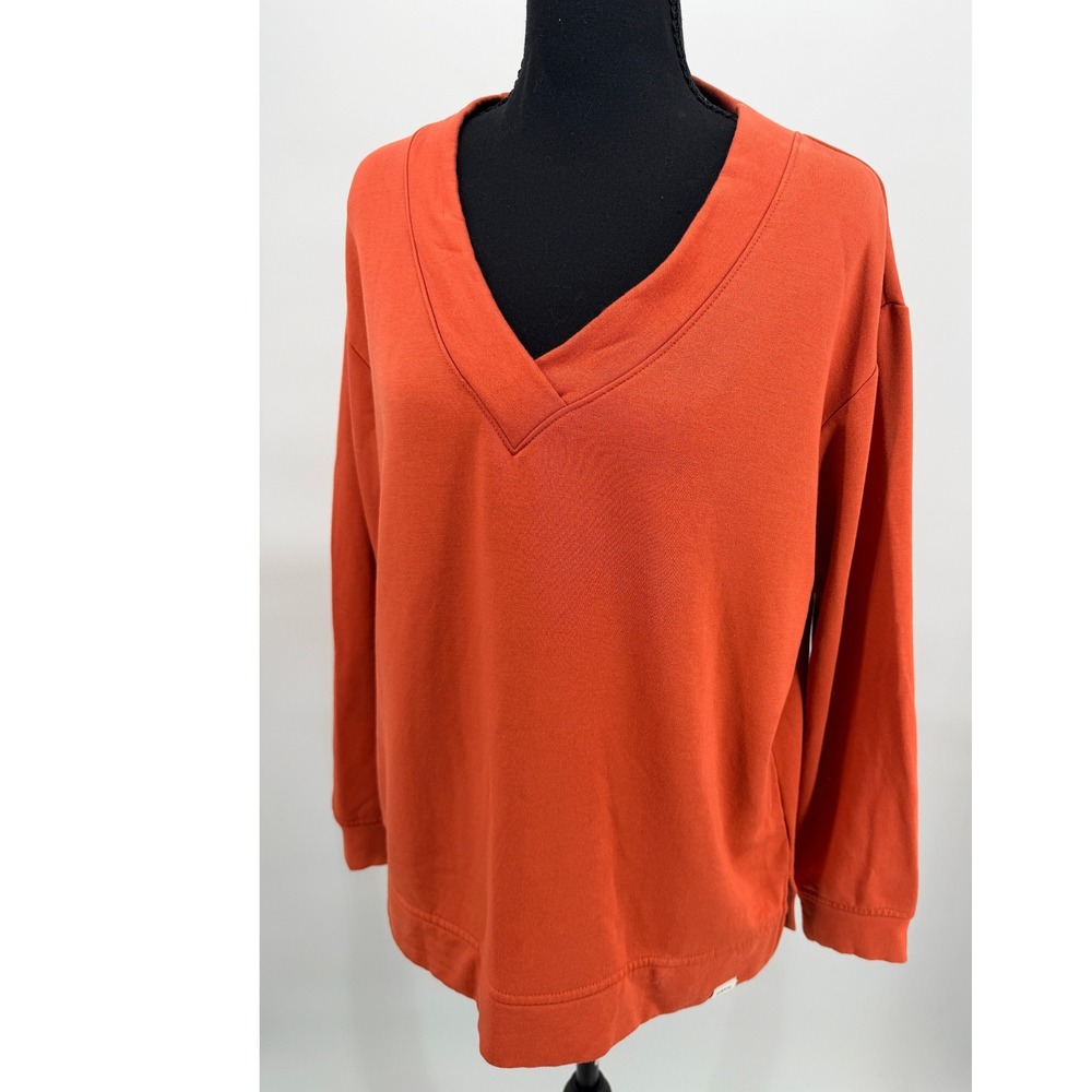 Orvis V-Neck Sweatshirt Women Small Burnt Orange Excellent Fleece Modal Slit